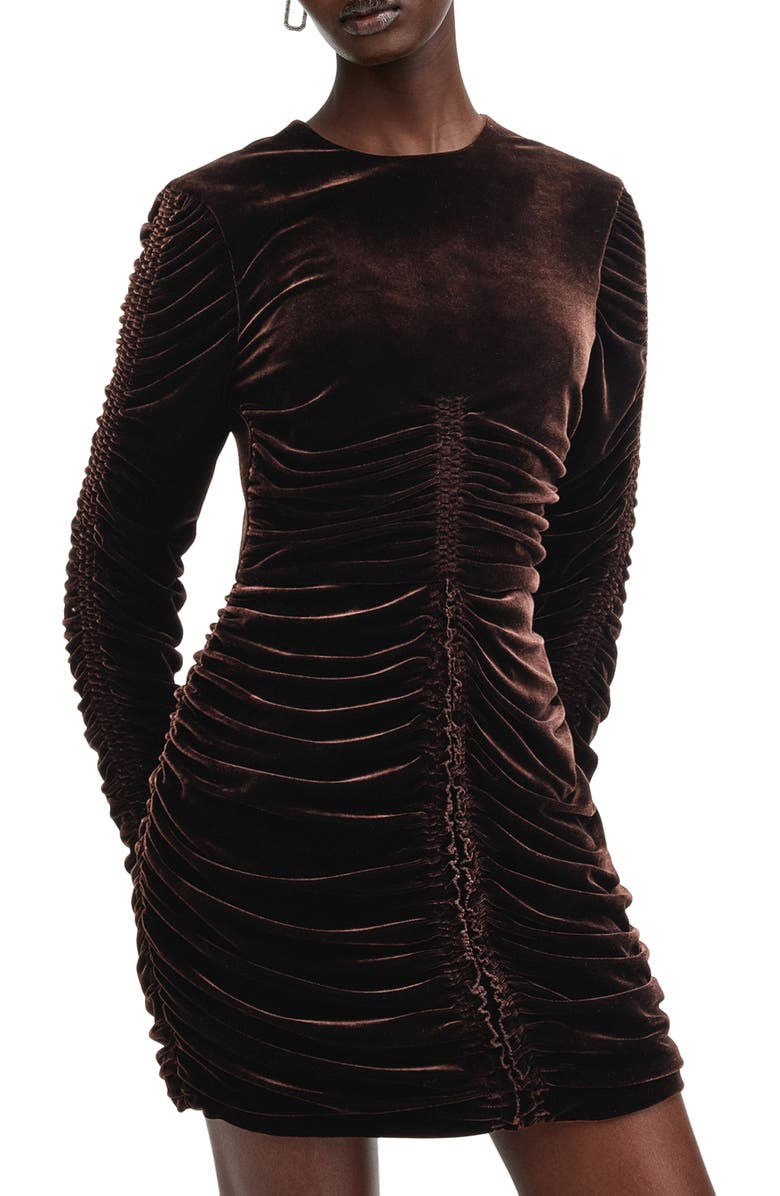 AllSaints Eris Long Sleeve Velvet Minidress, Alternate, color, Rich Brown