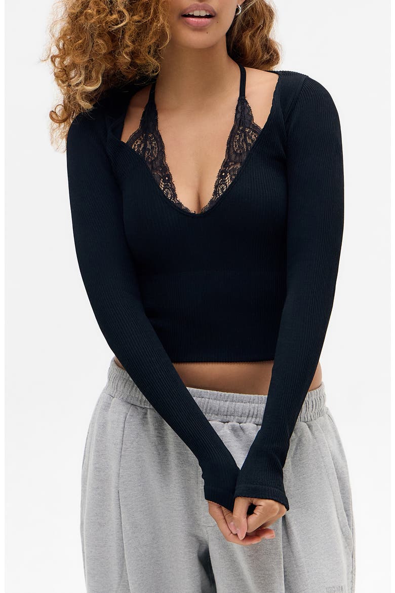Seeing Double Layered Look Rib Knit Top, Main, color, BLACK