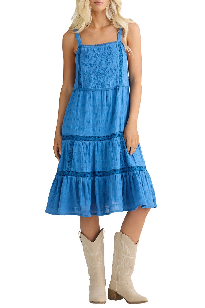 Aurora Floral Embroidered Lace Trim Tiered Midi Dress, Main, color, BLUE HAZE