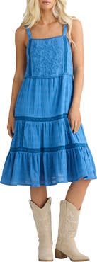 Talisman the Label Aurora Floral Embroidered Lace Trim Tiered Midi Dress