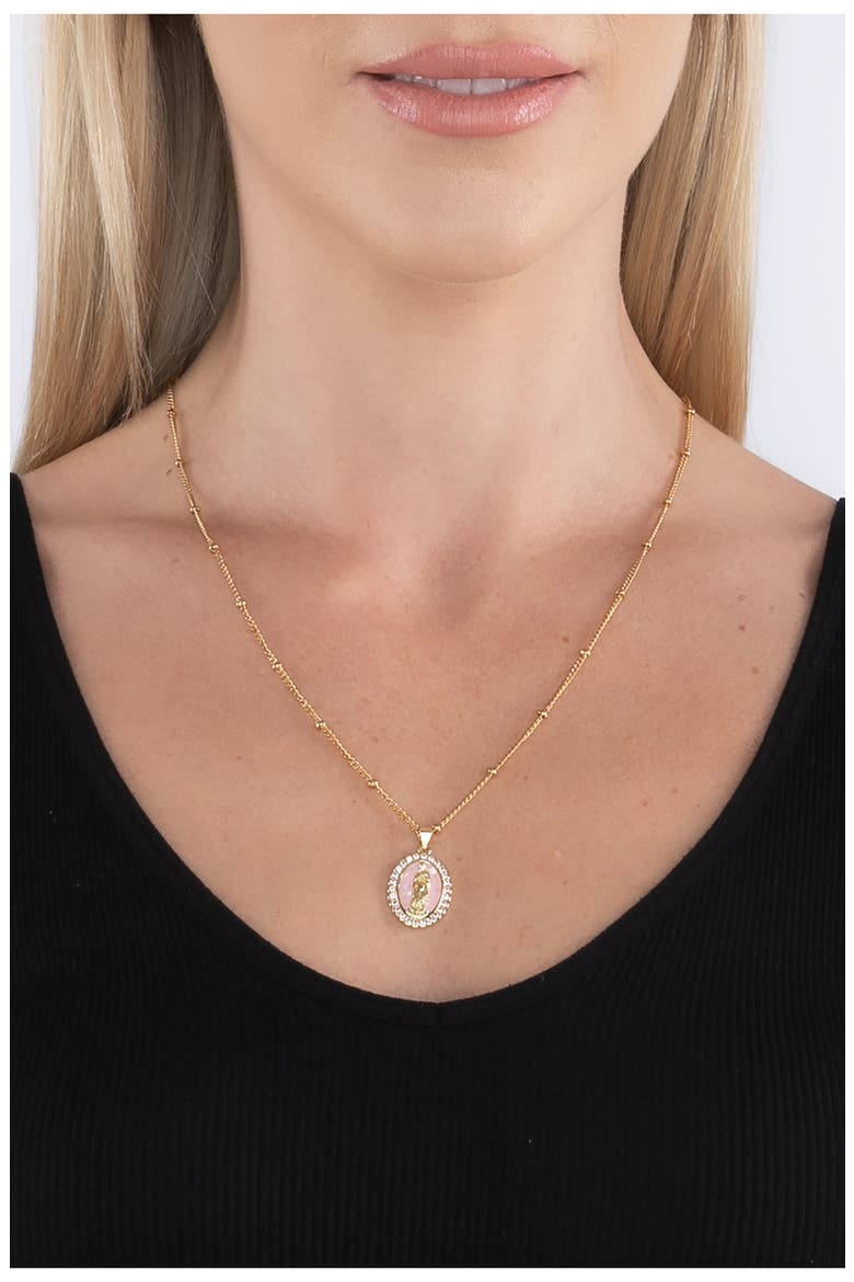 The Luxe Collection Rose Quartz Virgin Mary Pendant Necklace, Alternate, color, GOLD