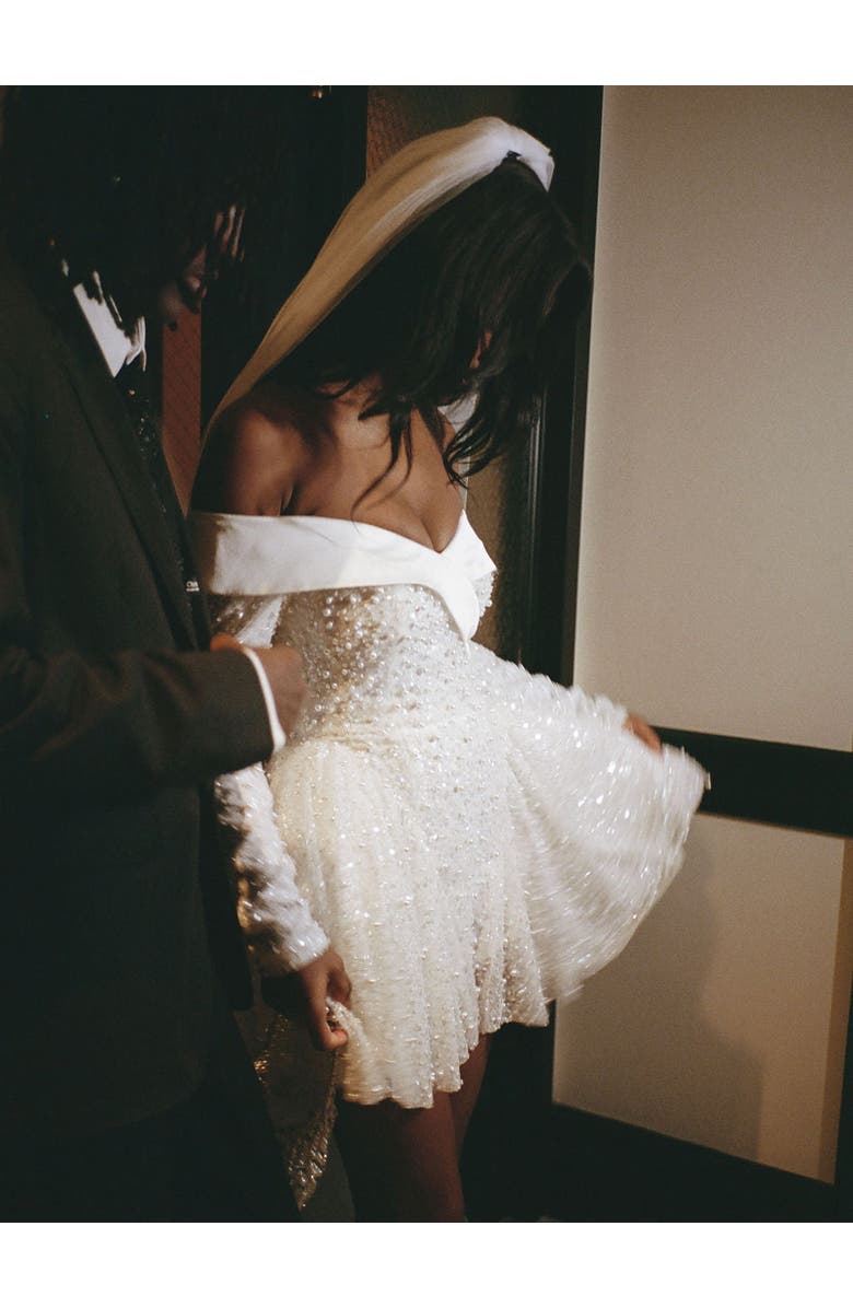 Miss Circle Kira Bead Embroidered Mesh Off Shoulder Long Sleeve Mini Dress, Alternate, color, White