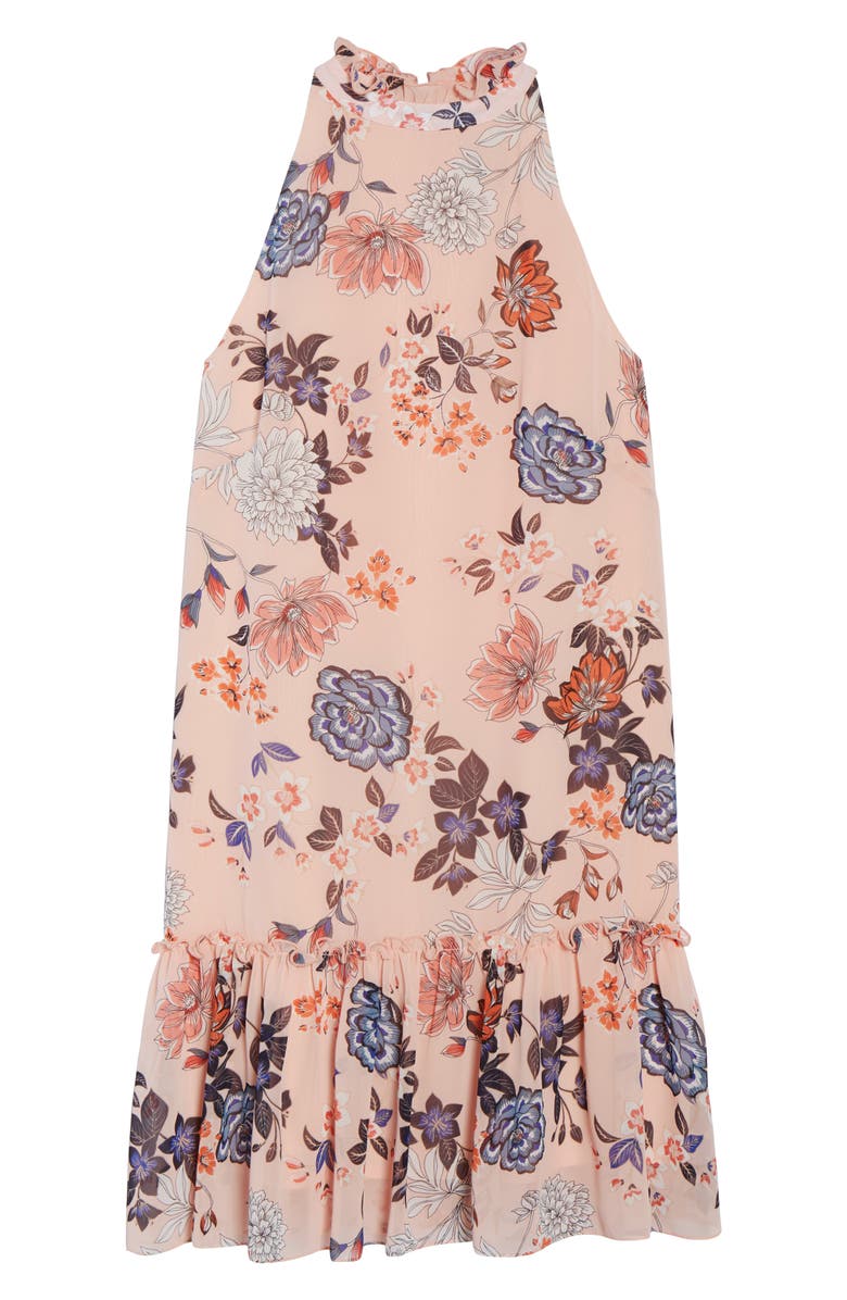 Vince Camuto Floral Ruffle Neck Chiffon Shift Dress, Alternate, color, 