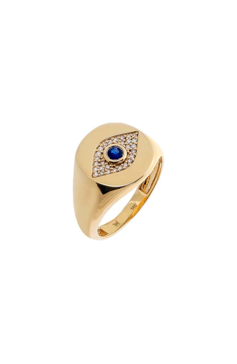 BY ADINA EDEN Diamond X Sapphire Blue Evil Eye Signet Pinky Ring 14K, Main, color, 