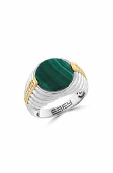EFFY Men's Sterling Silver & 14K Gold Malachite & Diamond Signet Ring