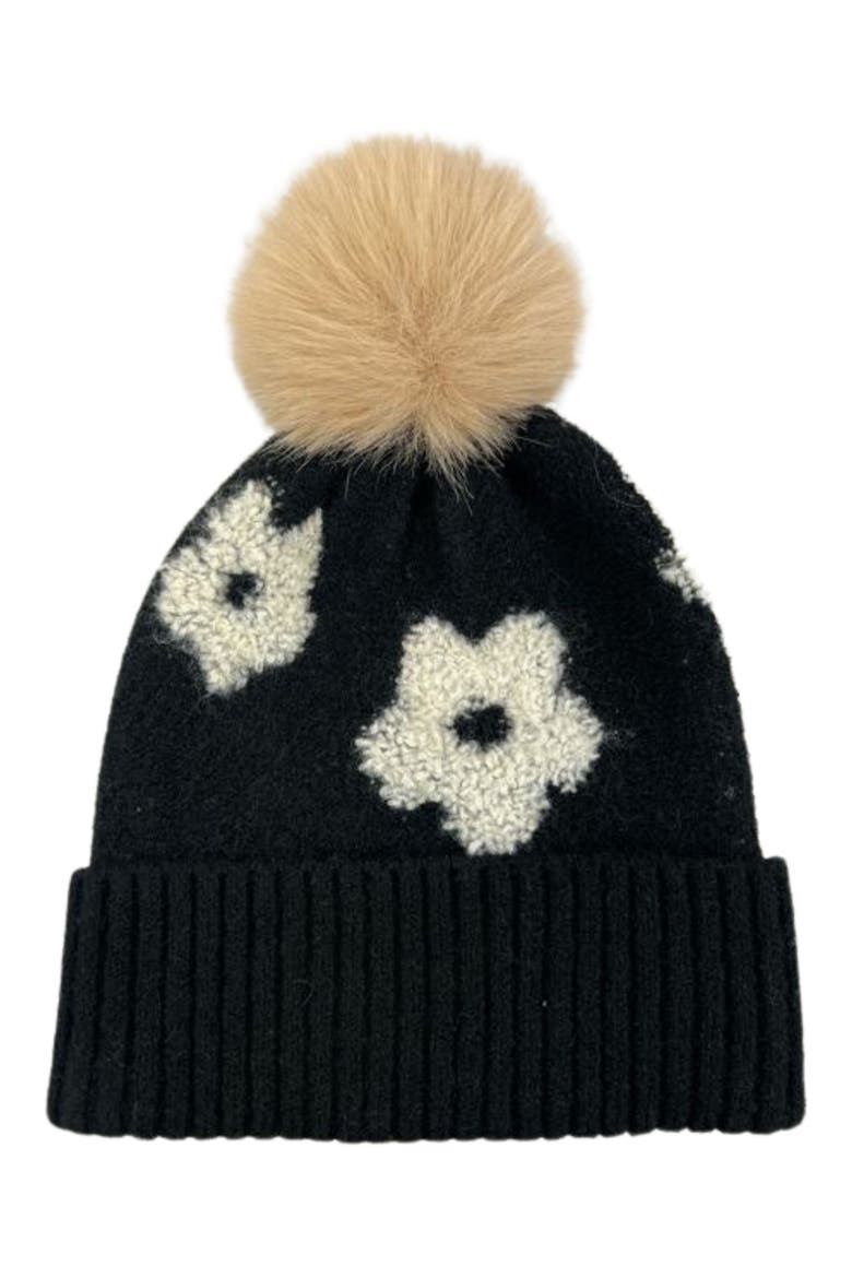 Flower Pompom Beanie, Main, color, BLACK