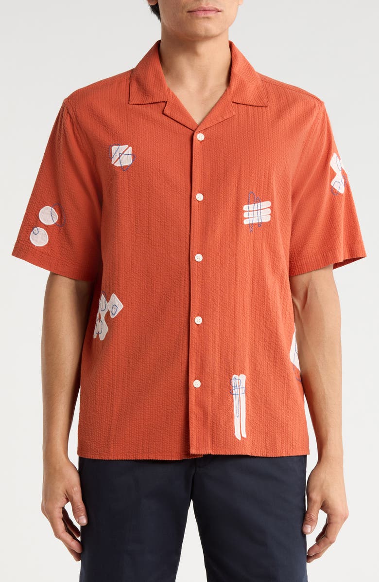Wax London Didicot Scribble Appliqué Cotton Seersucker Camp Shirt, Alternate, color, Terracotta / Ecru