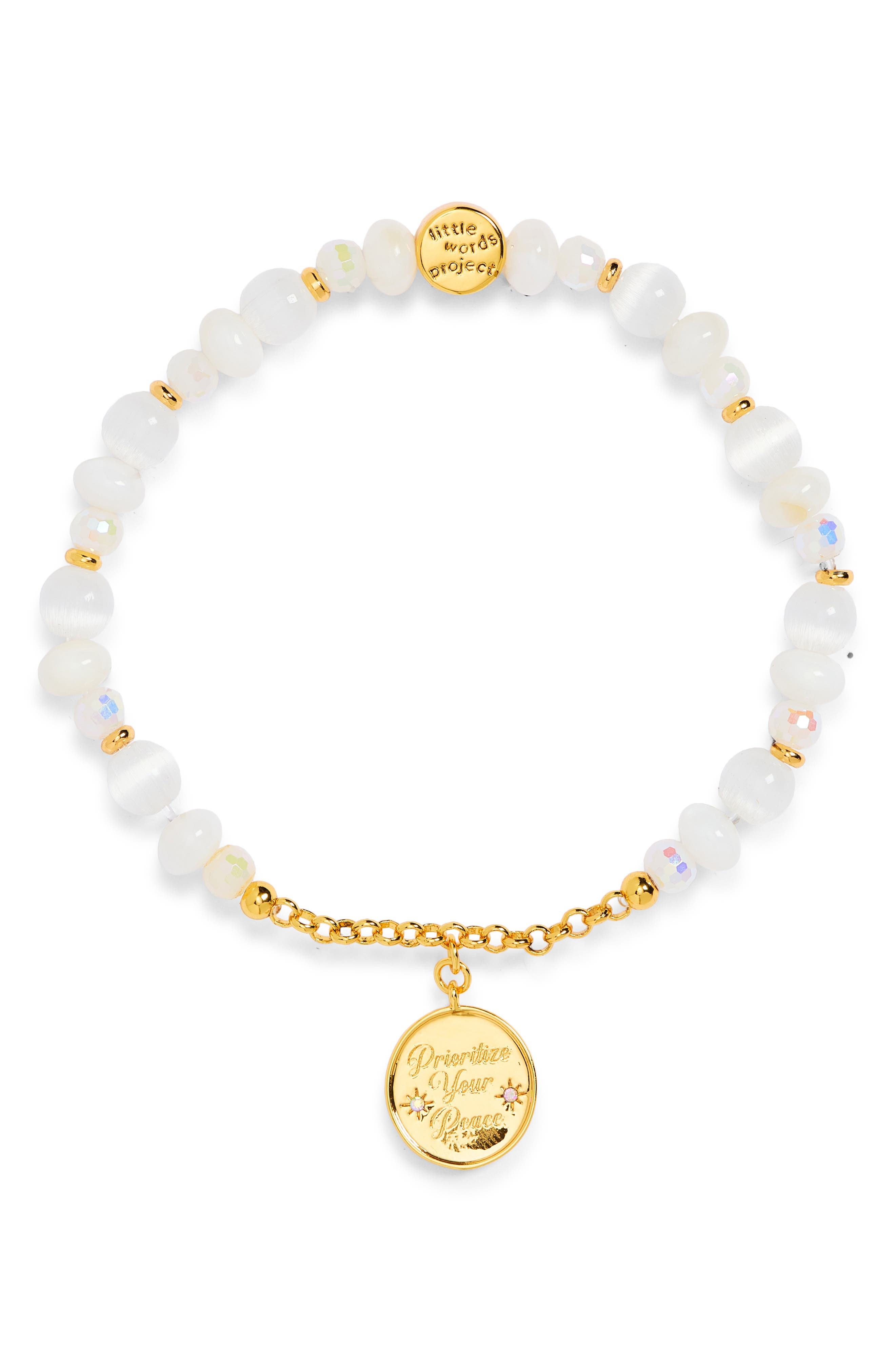Little Words Project Prioritize Your Peace Beaded Stretch Charm Bracelet In Gold