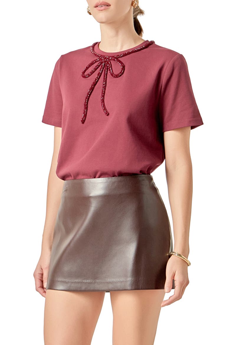 Beaded Bow Cotton T-Shirt, Alternate, color, BURGUNDY