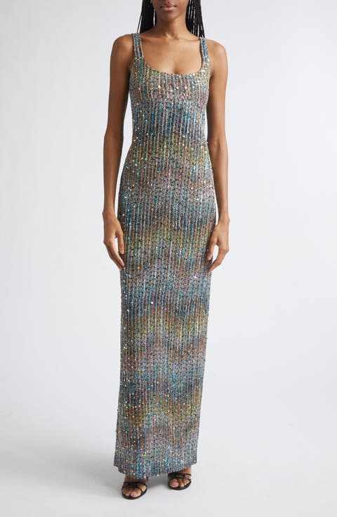 Metallic Zigzag Sequin Knit Column Gown