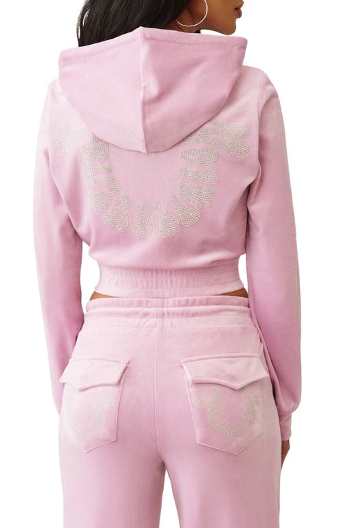 True Religion Shrunken Zip Front Velour Crop Hoodie In Pink