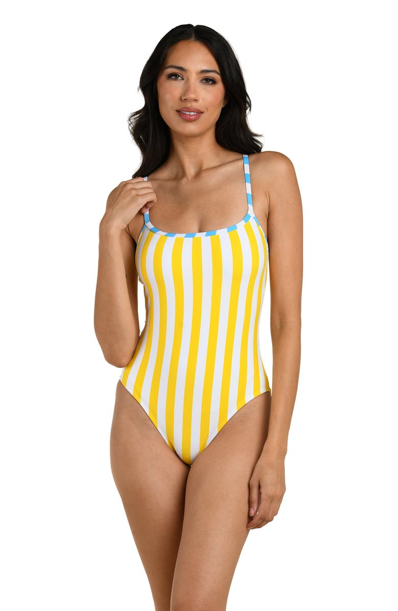 La Blanca Coastal Belted Stripe One-Piece Swimsuit, Alternate, color, Soleil