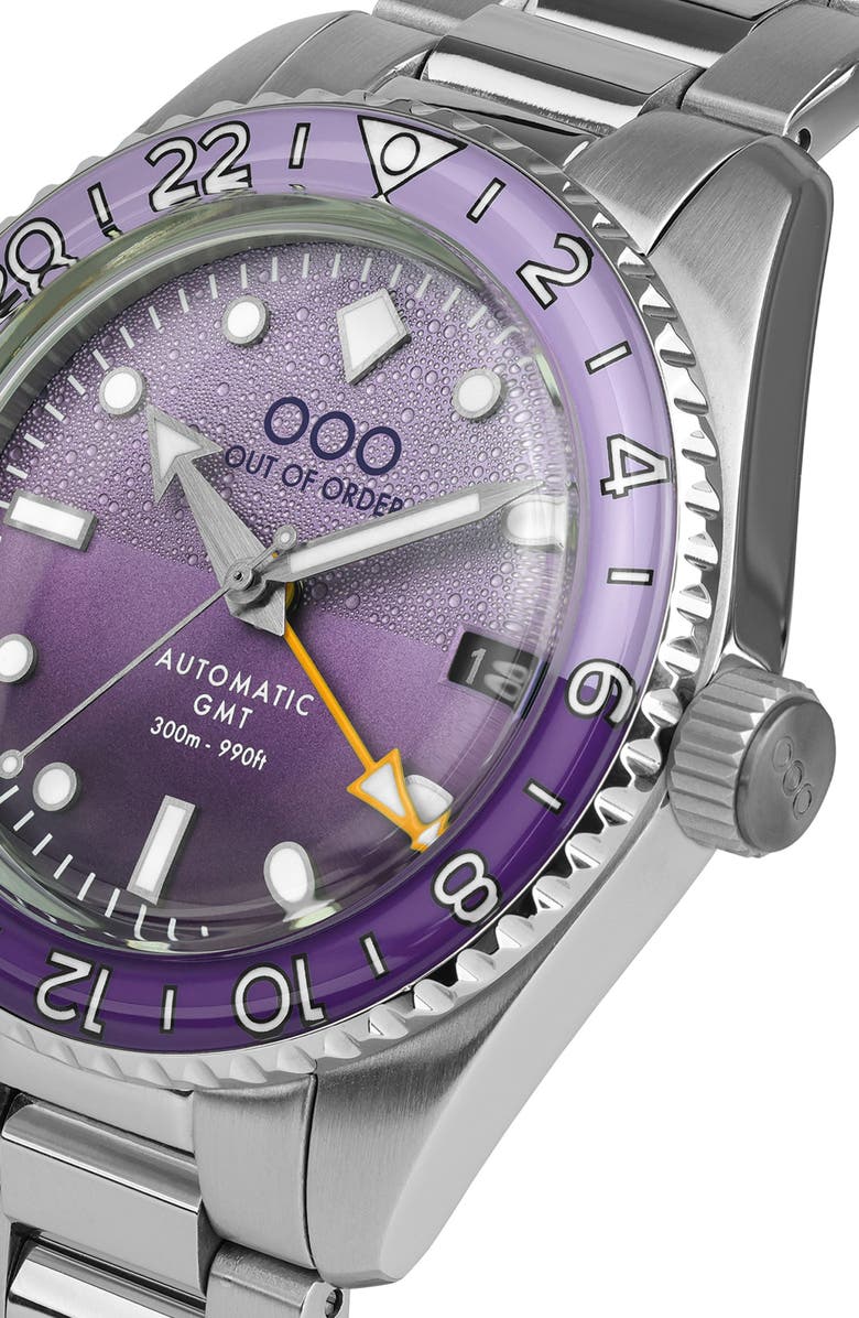 OUT OF ORDER Shaker Automatic GMT Ultra Brushed Bracelet Watch, 40mm, Alternate, color, Dark Violet