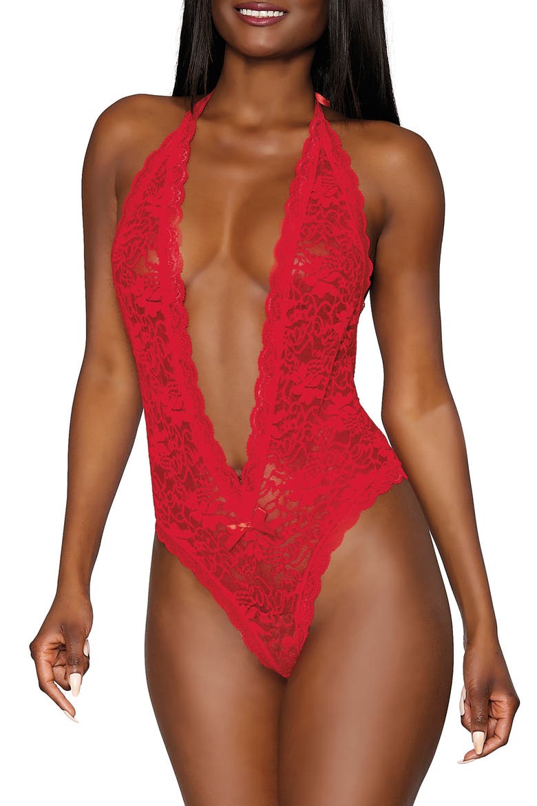 Halter Lace Teddy, Main, color, RED