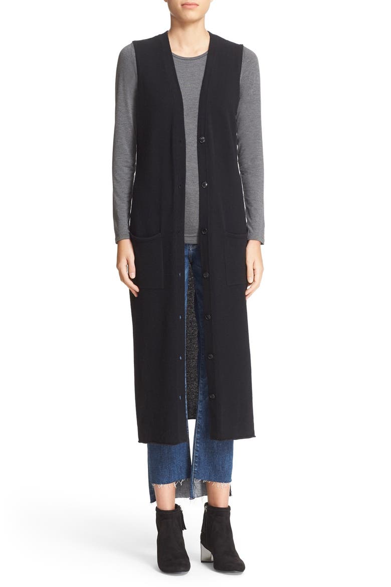 Button Front Knit Cashmere Maxi Vest, Main, color, BLACK