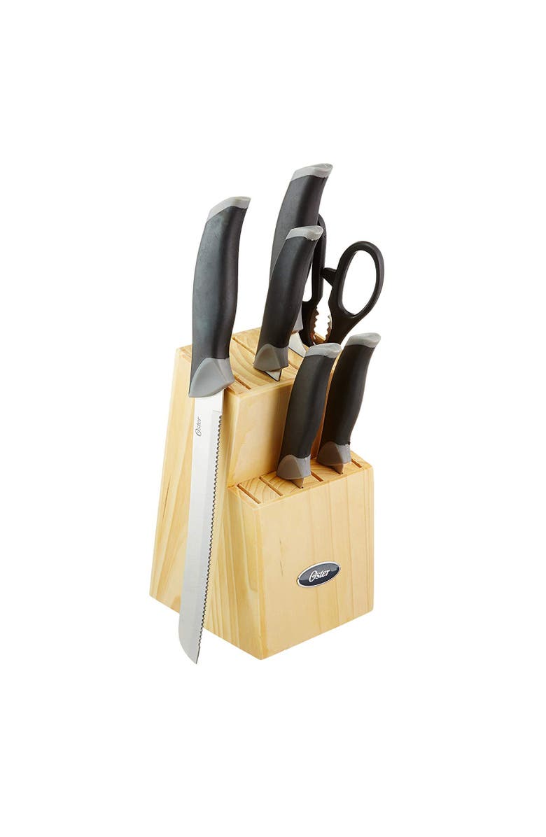 OSTER Lingbergh 14 Piece Stainless Steel Cutlery Knife Set with Pine Wood Block, Alternate, color, Black