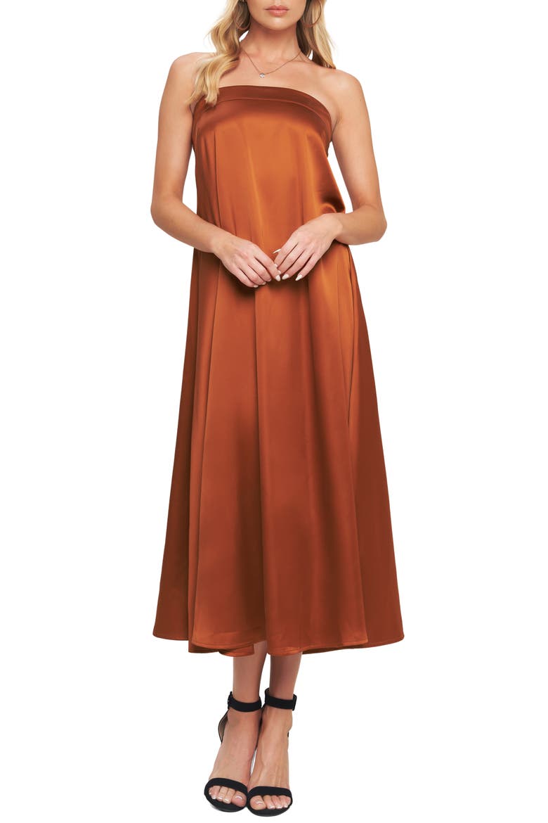 Strapless Satin Midi Dress, Main, color, BRONZE