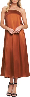 FLYING TOMATO Strapless Satin Midi Dress