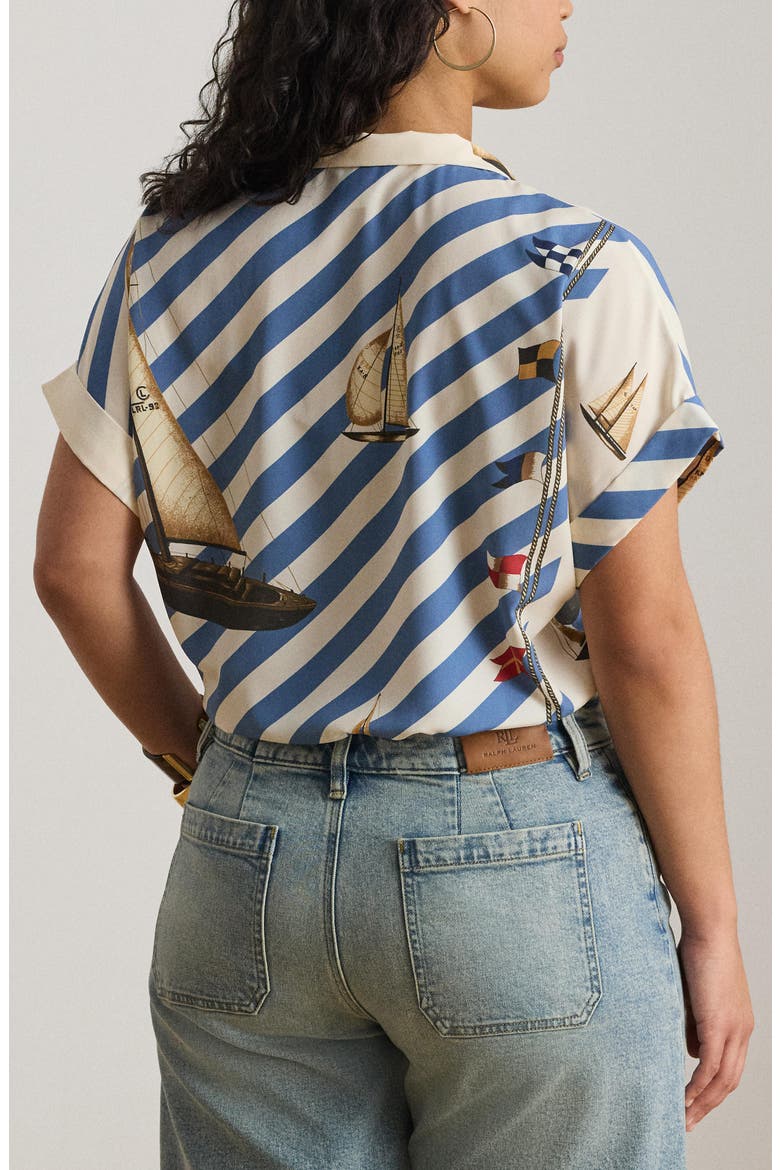 Stripe Sailboat Print Crêpe de Chine Camp Shirt, Alternate, color, CREAM/ MULTI