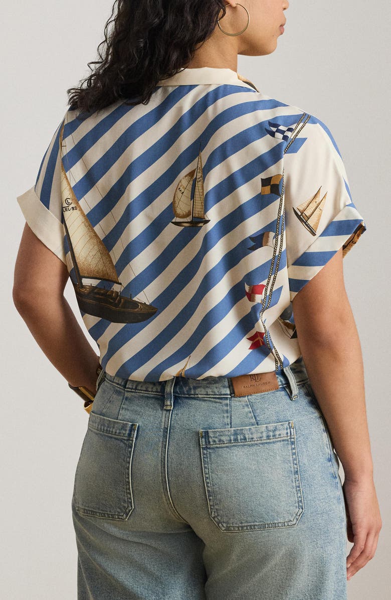 Lauren Ralph Lauren Stripe Sailboat Print Crêpe de Chine Camp Shirt, Alternate, color, Cream/ Multi