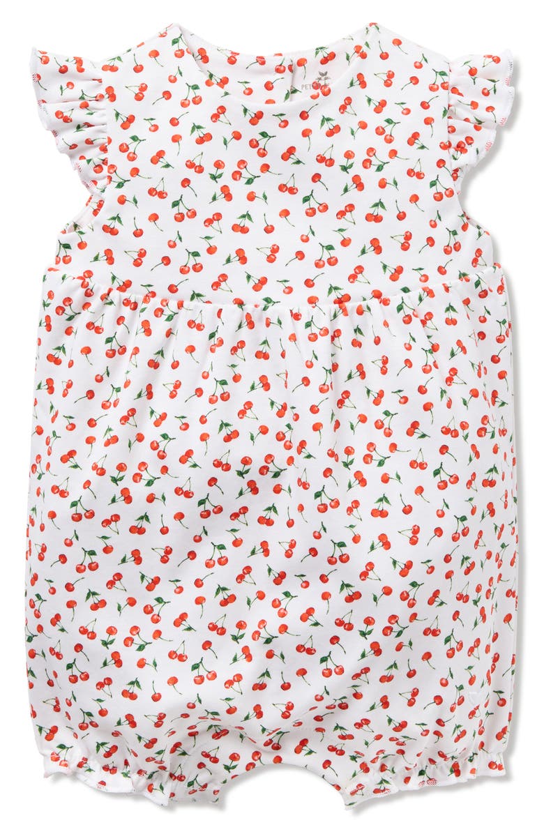 Petite Plume Cherry Print Pima Cotton Romper, Main, color, White