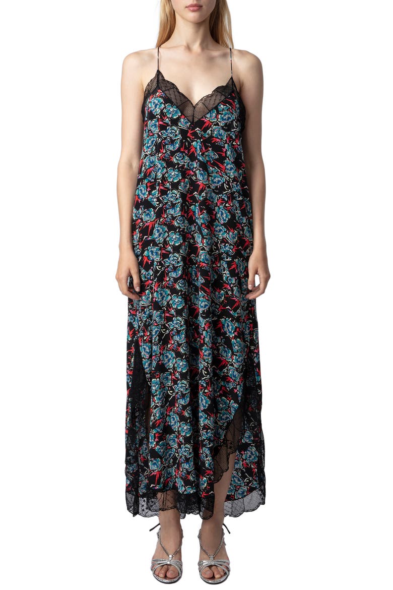 Ristyl Thunder Lace Trim Crêpe de Chine Slipdress, Alternate, color, NOIR