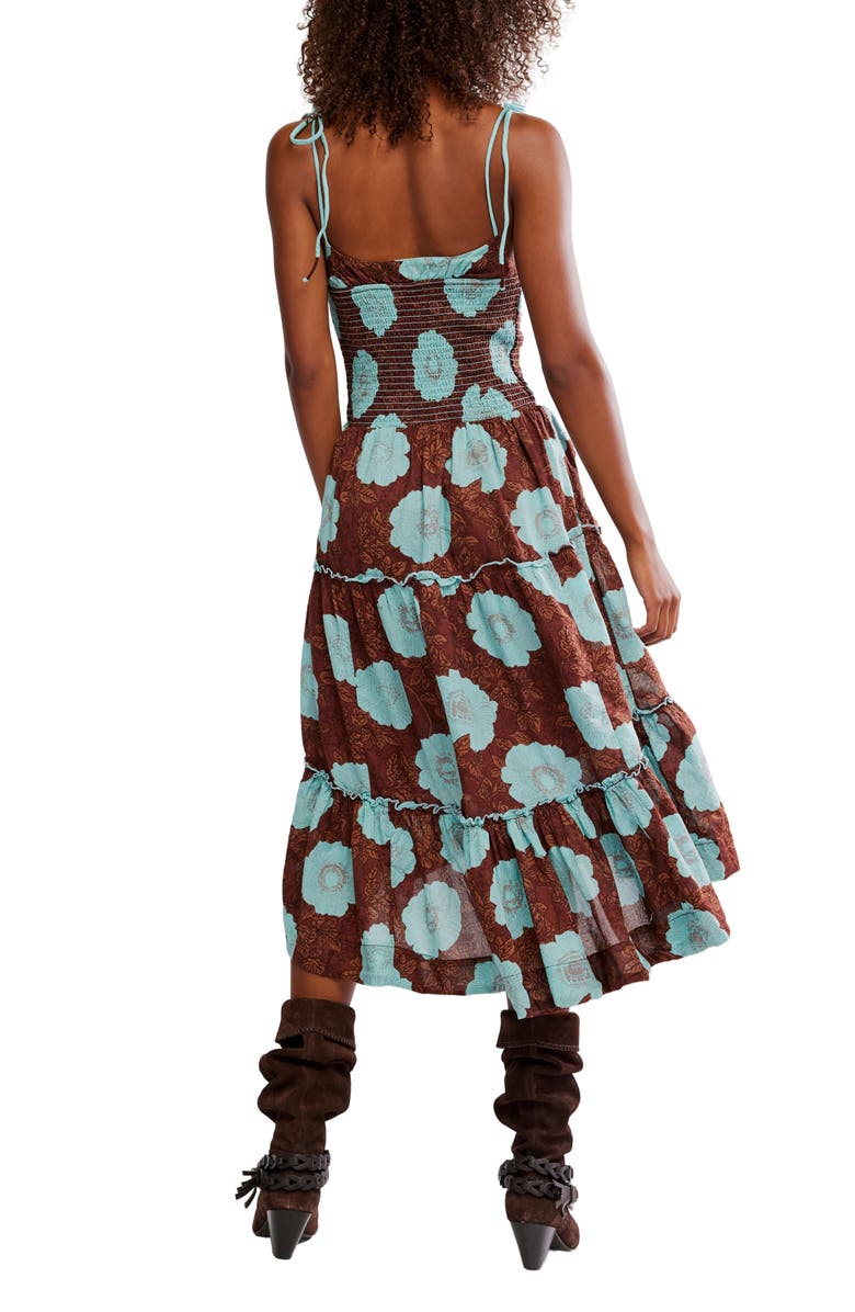 Free People Adriel Tie Strap Tiered Midi Dress, Alternate, color, Nutmeg Combo