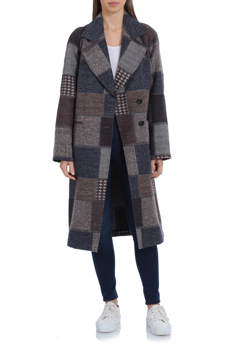Walker Patchwork Longline Coat, Main, color, BROWN PLAID