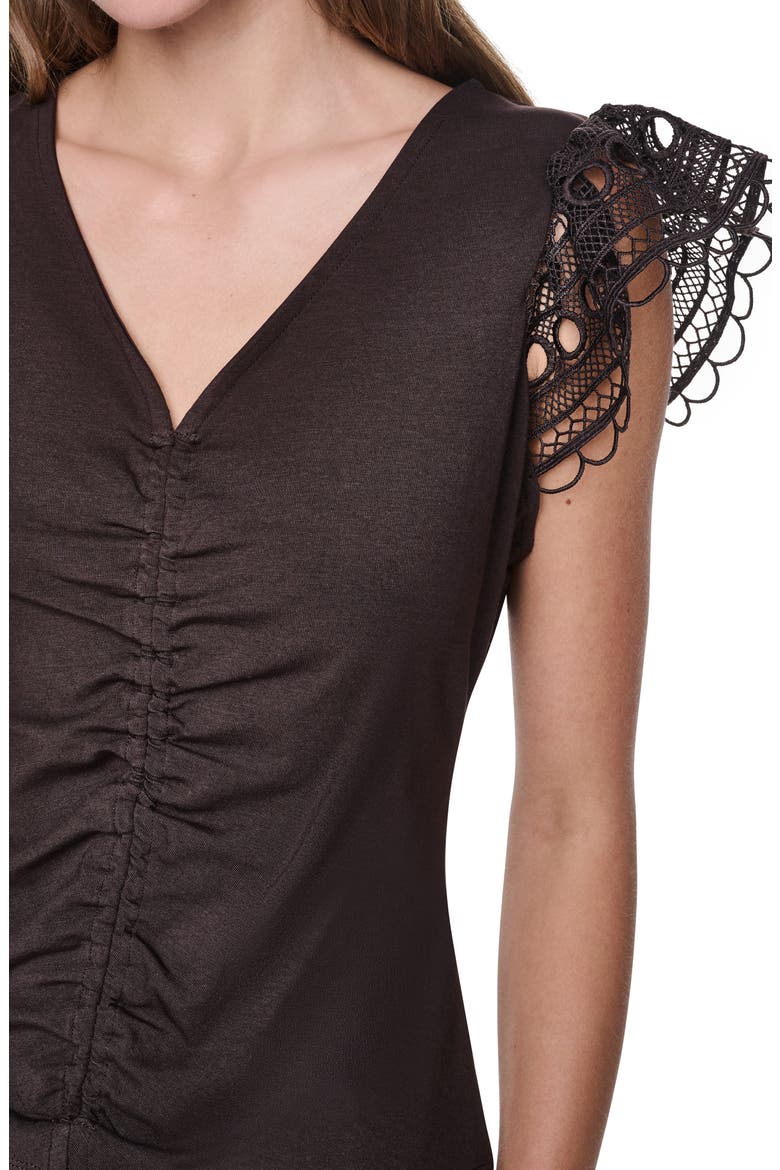 Center Ruched Lace Sleeve Cotton Blend Top, Alternate, color, TOBACCO