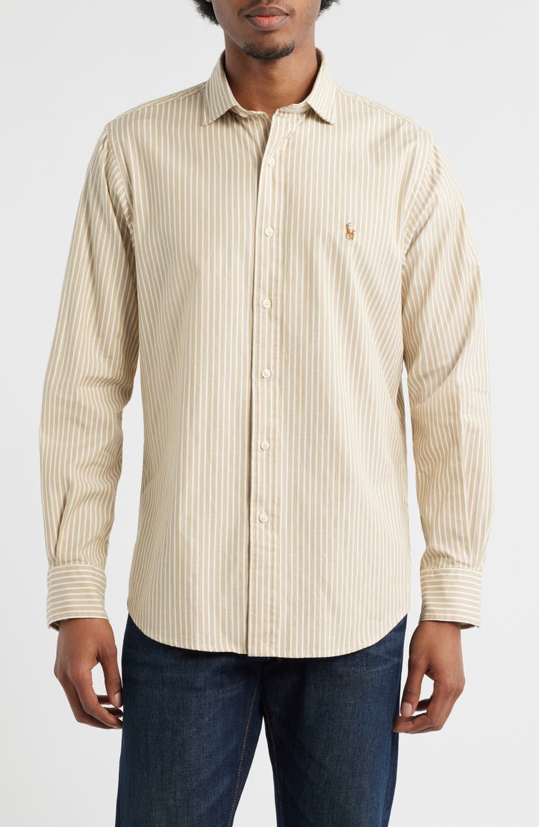 Polo Ralph Lauren Classic Fit Stripe Cotton Button-Up Oxford Shirt, Main, color, Coastal Beige White