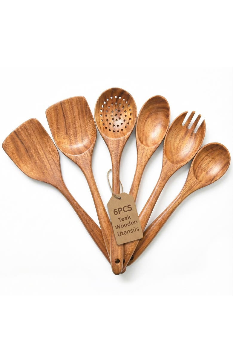 Luminuxe Premium Natural Teak Wood Kitchen Utensil Set, Main, color, Natural