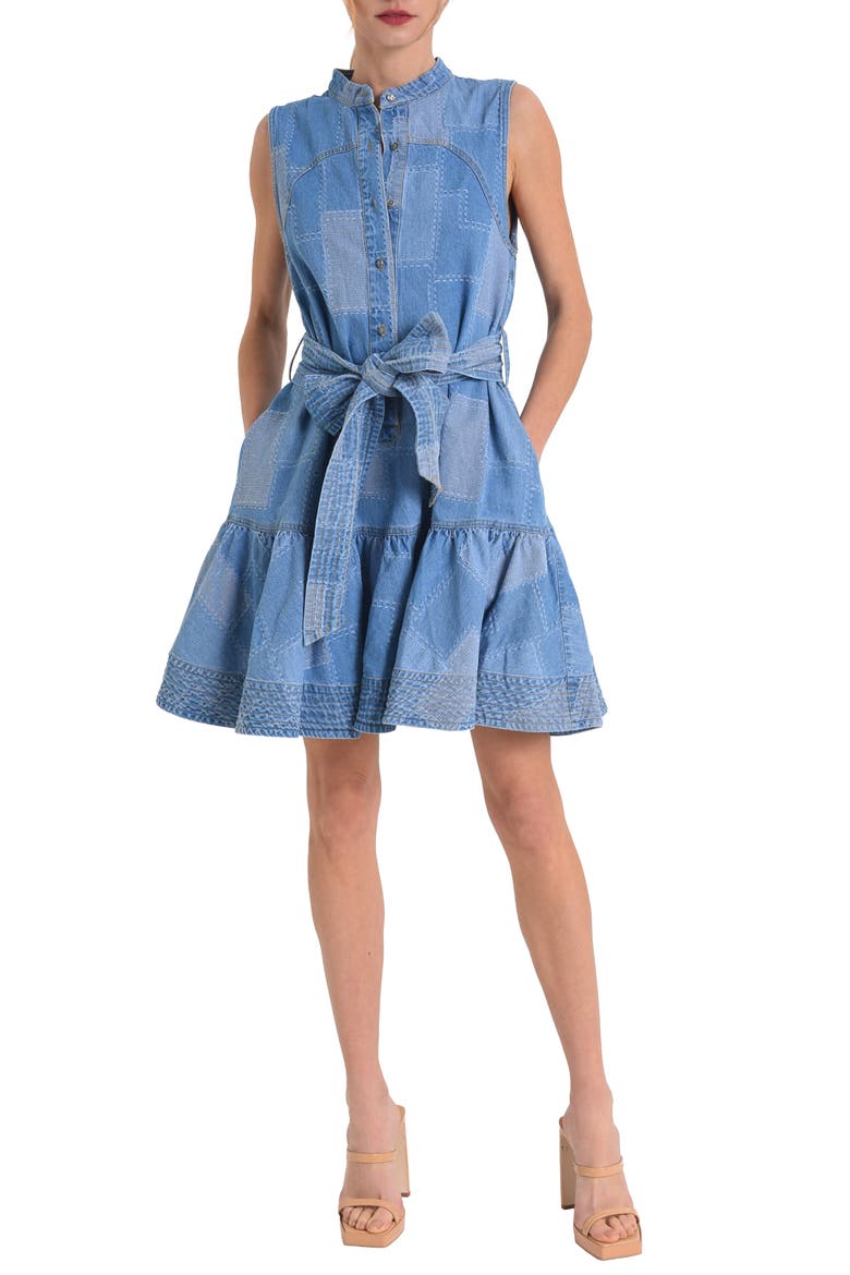Elly Patchwork Denim Mini Shirtdress, Main, color, DENIM BLUE