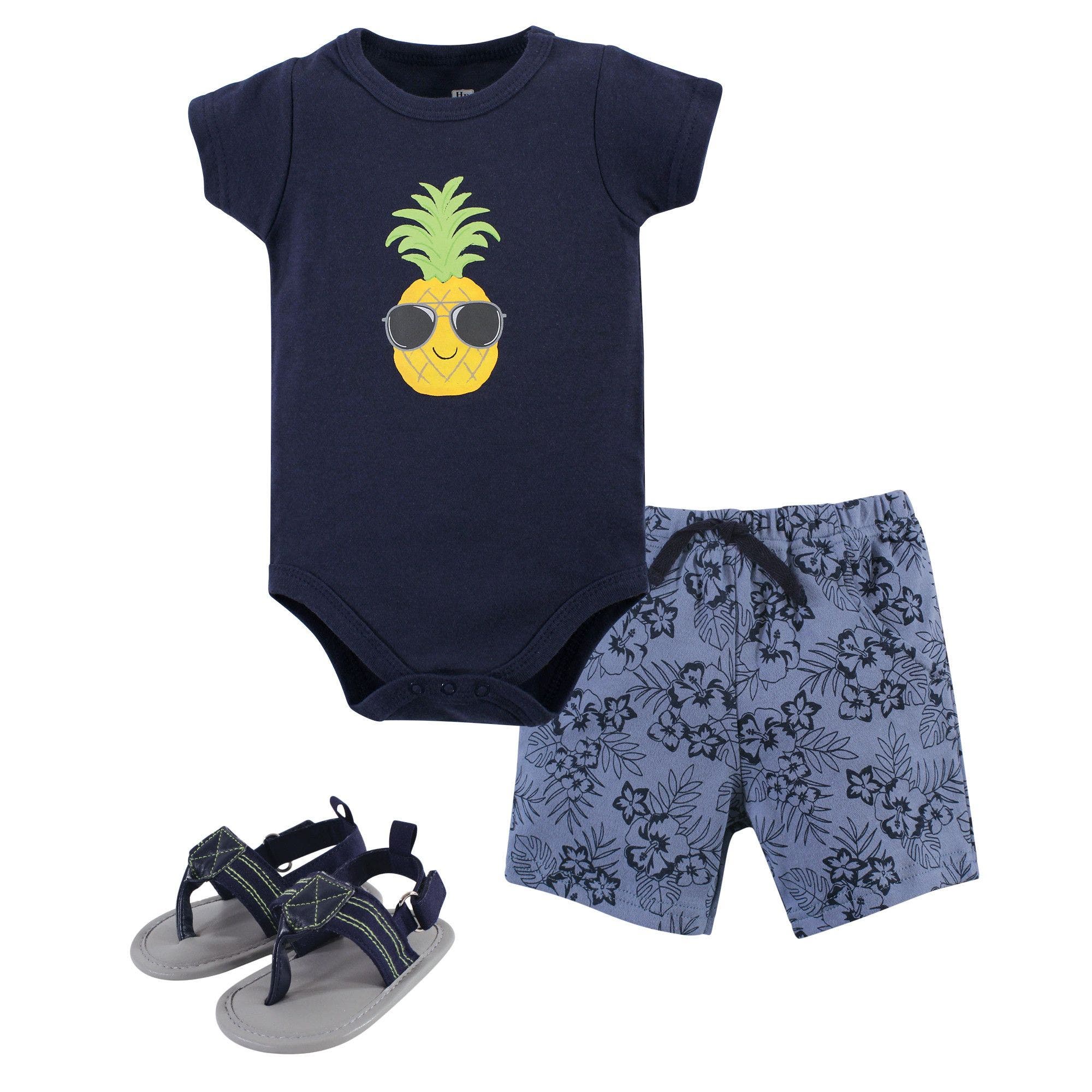 Hudson Baby Cotton Bodysuit, Shorts And Shoe Set In Blue