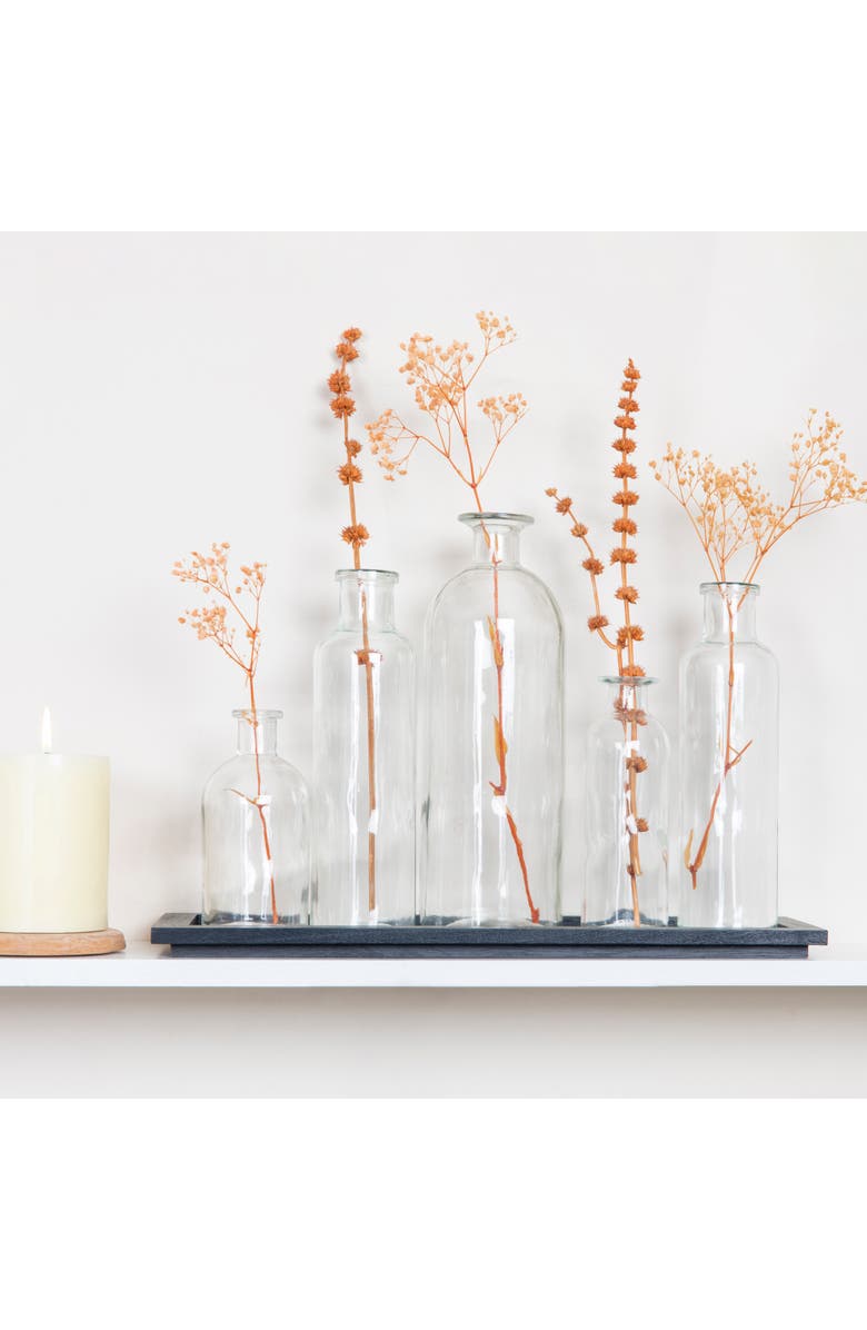 Storied Home Black Wood Tray with Glass Bottle Vases, Set of 5 Sizes, Alternate, color, Black