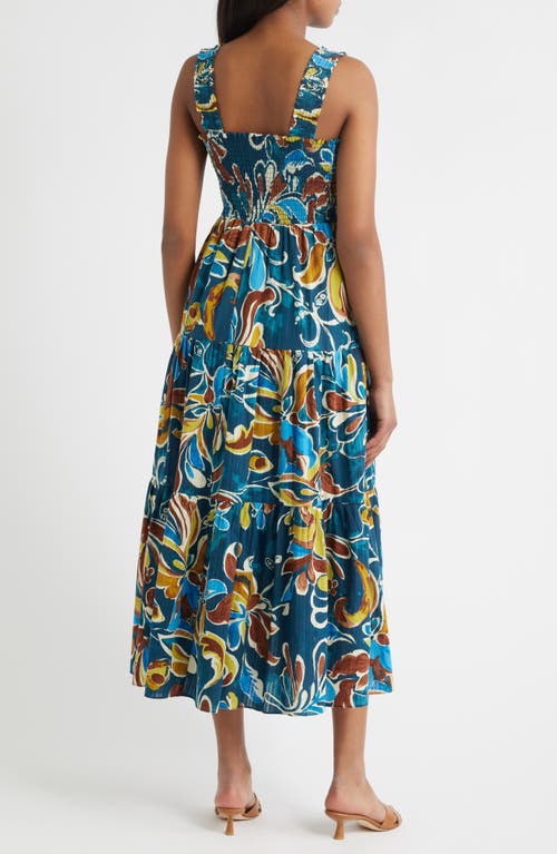 Anne Klein Smocked Bodice Sleeveless Tiered Maxi Dress In Blue