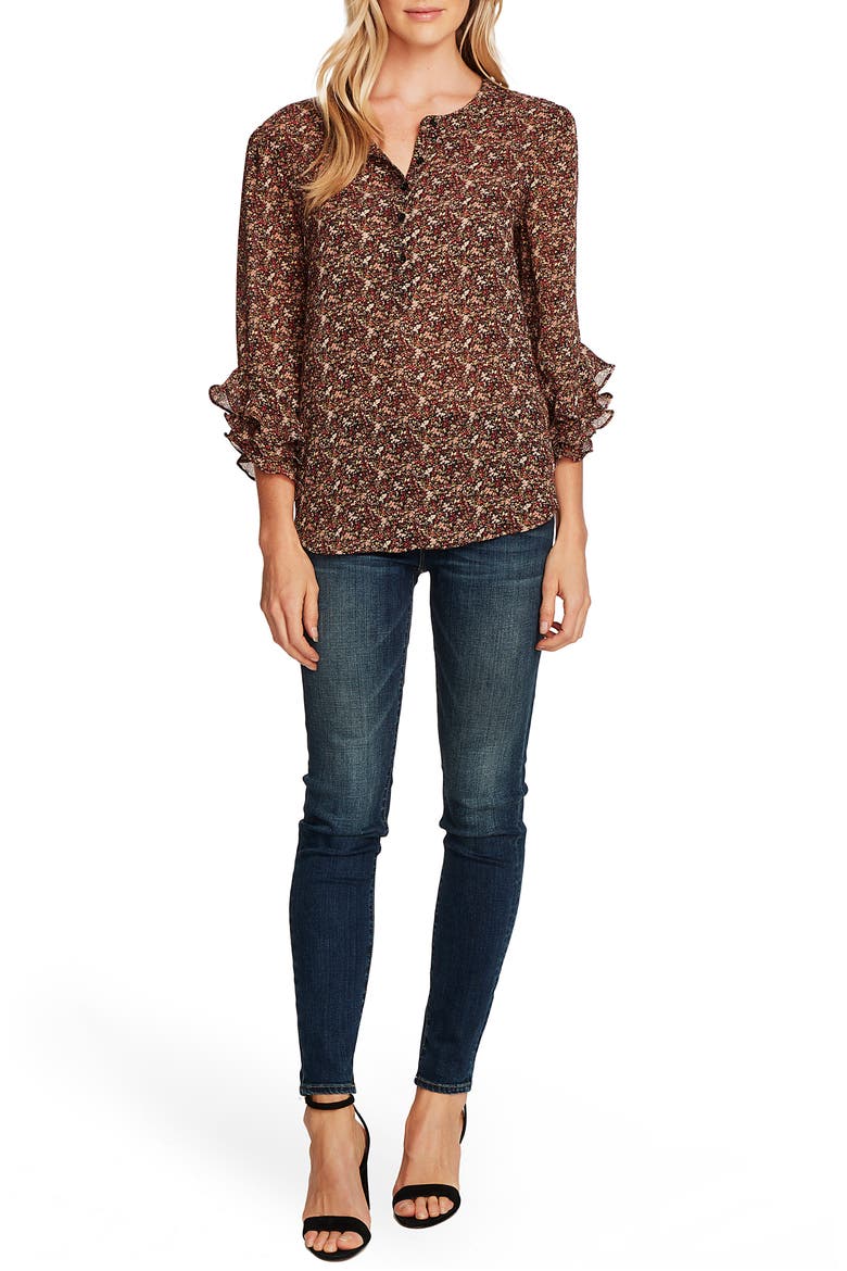 Ditsy Fields Long Sleeve Blouse, Alternate, color, RICH BLACK