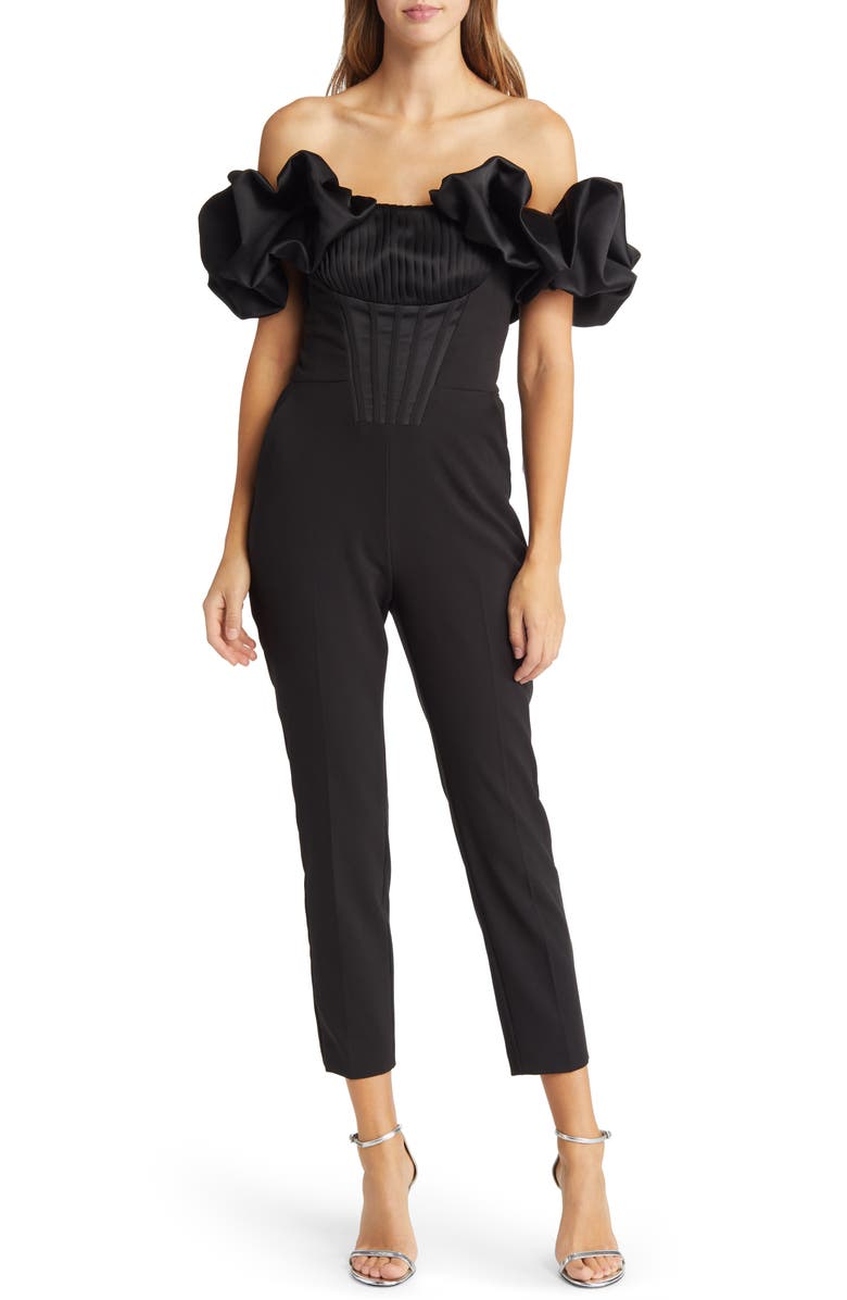 Lavish Alice Pleated Corset Off the Shoulder Satin Jumpsuit, Main, color,