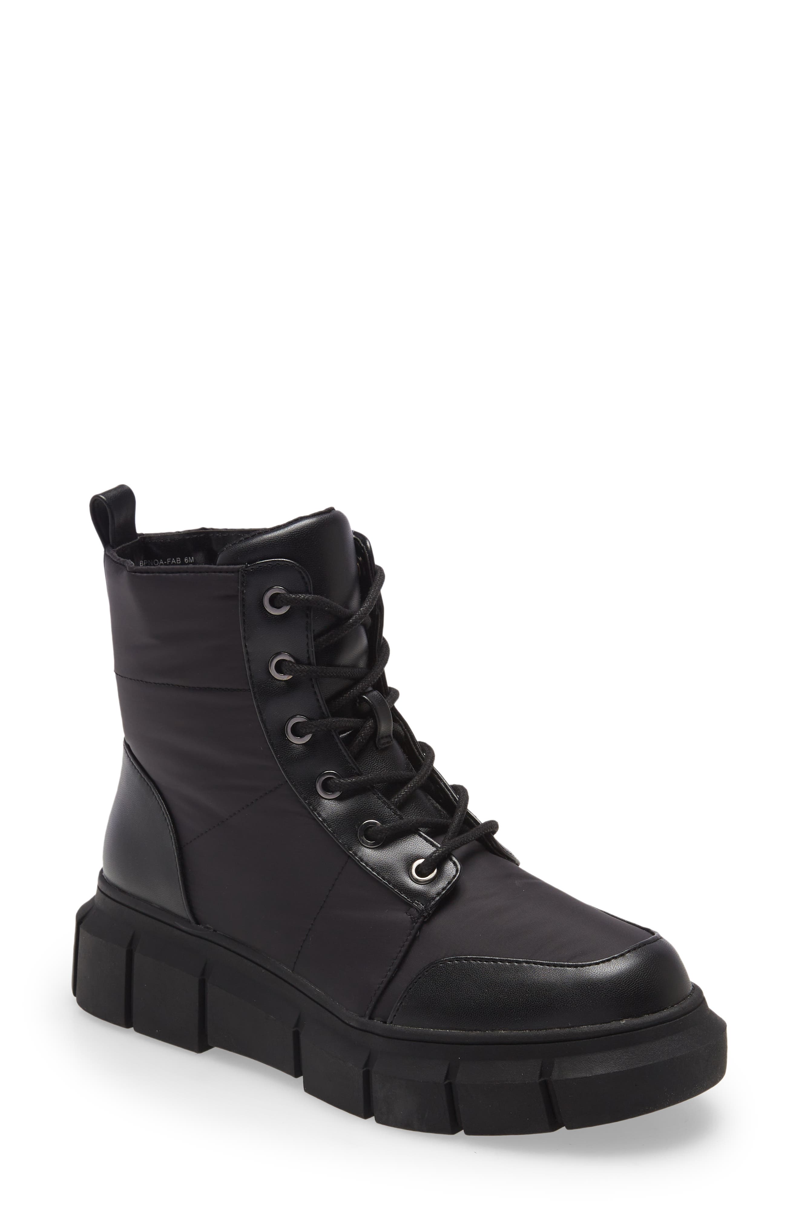 Noa Quilted Lug Sole Lace-Up Boot, Main, color, BLACK