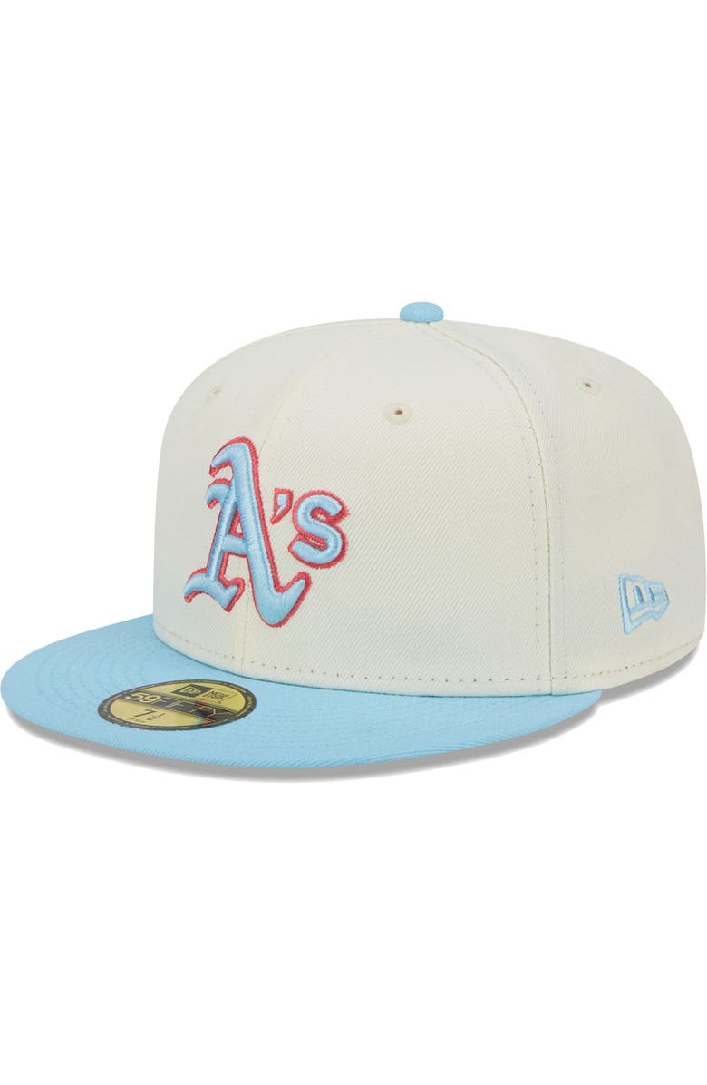 New Era Men's New Era Cream/Light Blue Oakland Athletics Spring Color Two-Tone 59FIFTY Fitted Hat, Alternate, color,