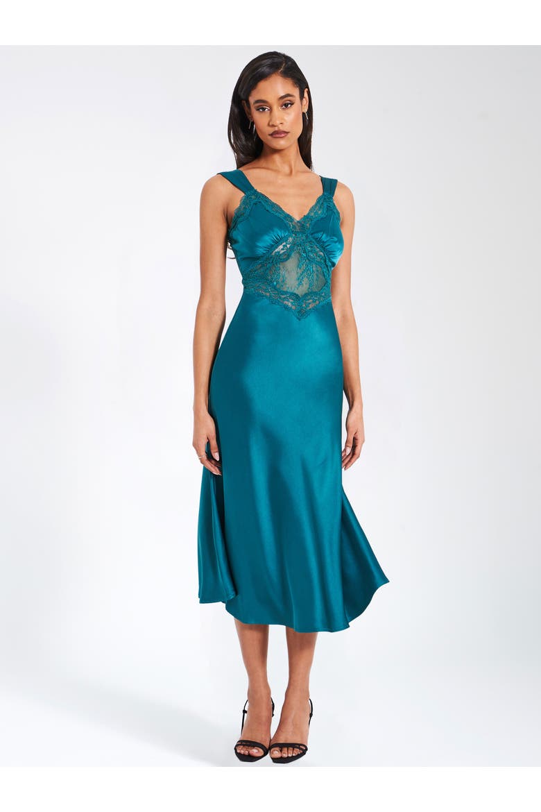 Perley Satin and Lace Midi Dress, Alternate, color, Teal