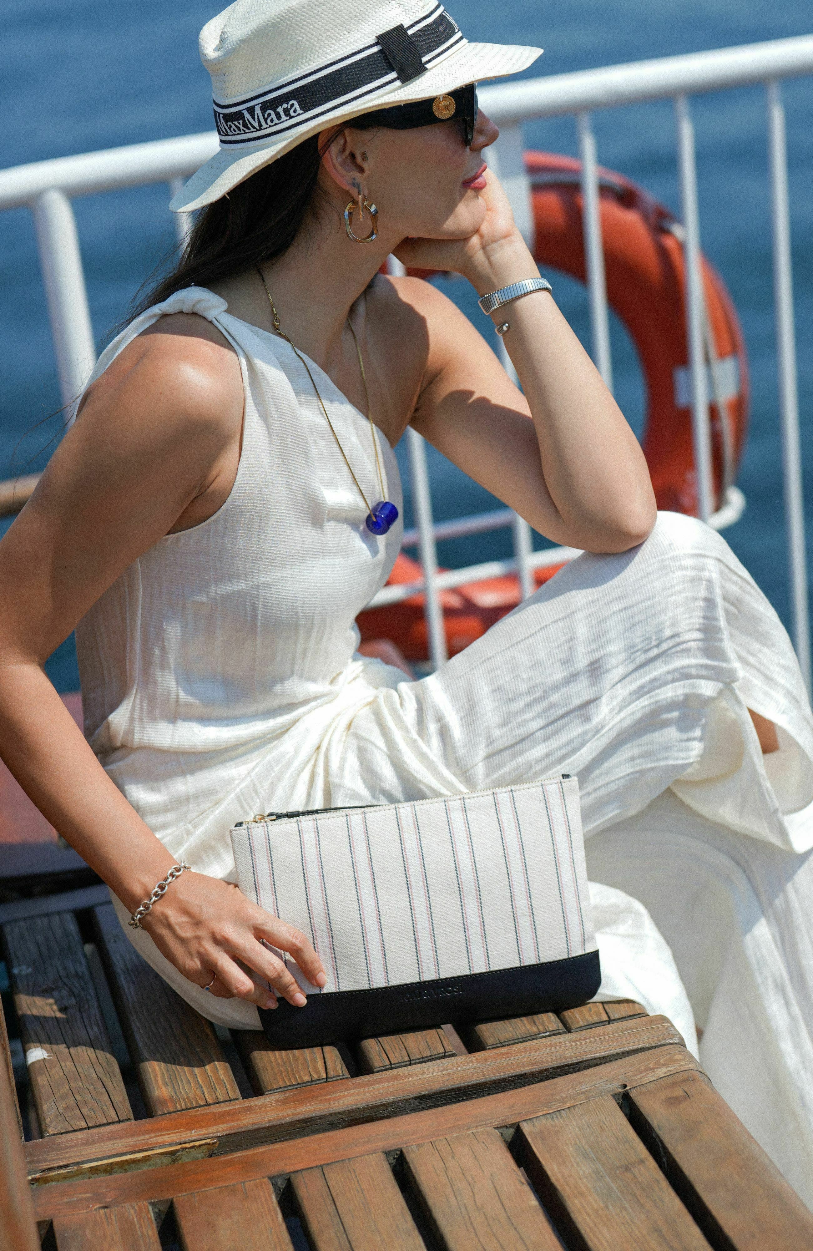 K'ai & Vrosi Defne Calfskin & Handloomed Fabric Clutch, Alternate, color, Black