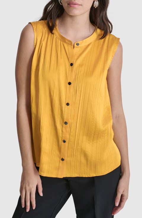 Pleated Sleeveless Button-Up Shirt