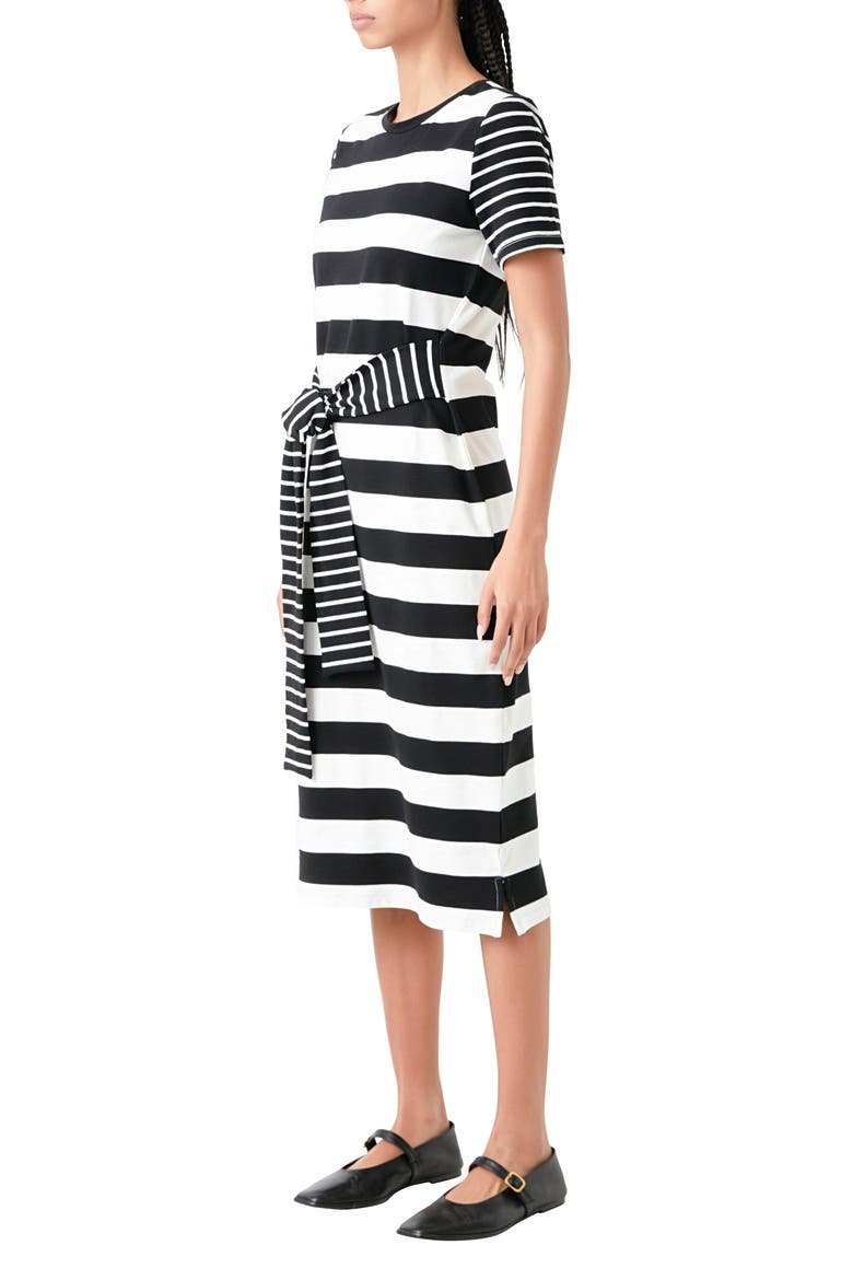 Stripe Tie Front Midi T-Shirt Dress, Alternate, color, BLACK/ WHITE
