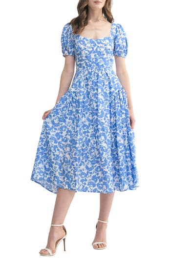 Lush Floral Puff Sleeve Midi Dress In White Blue