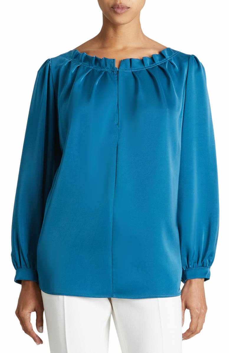 Santorelli BOHME Long Sleeve Ocean Blue Satin Blouse, Main, color, 