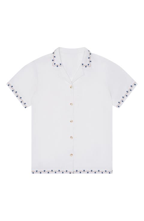 Beach House Embroidered Short Sleeve Linen Blend Button-Up Shirt