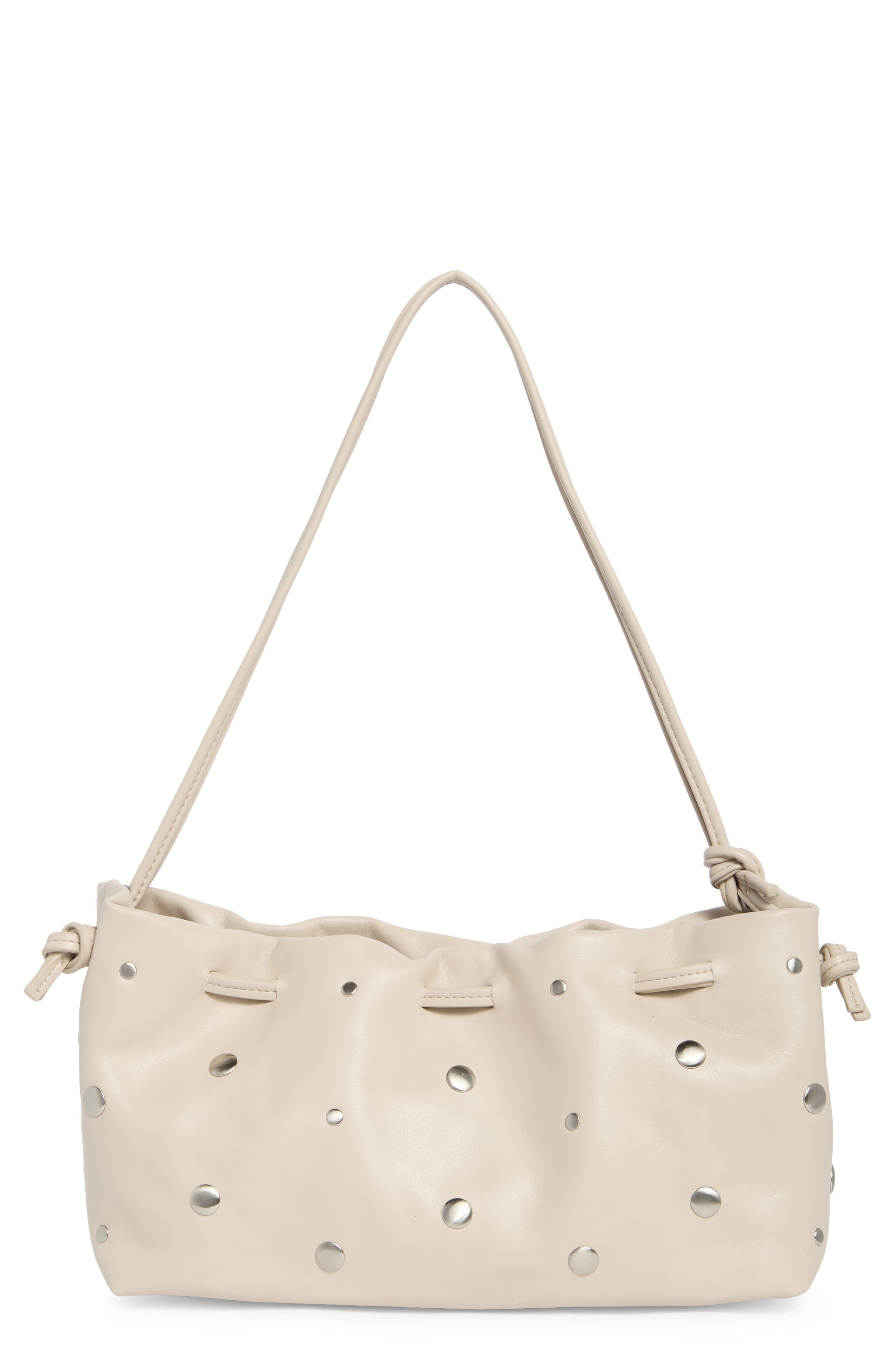 Studded Drawstring Faux Leather Shoulder Bag, Main, color, ALMOND