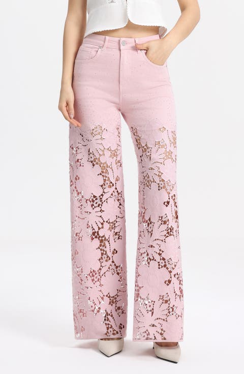 Crystal Embellished Lace Wide Leg Jeans