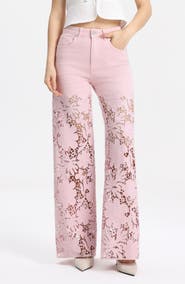 Bayeas Crystal Embellished Lace Wide Leg Jeans