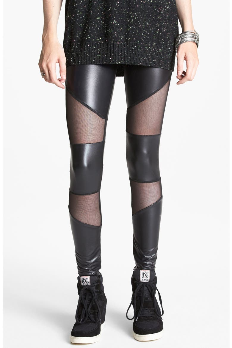 Mesh Inset Faux Leather Leggings, Main, color, BLACK